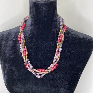 Multicolor Shell & Beaded Layered Necklace Red Accents & Gold-Tone Hook Closure